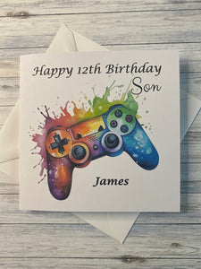 Son Personalised Birthday Card featuring a Video Games Controller in bright vivid design, Add ANY AGE and name, gift, Son Birthday card,