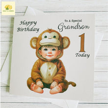 Load image into Gallery viewer, First Birthday card for Grandson, 1st birthday card for Grandson, Cheeky Little Monkey birthday card, Grandson Birthday card, gift,
