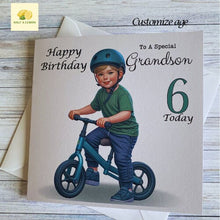 Load image into Gallery viewer, Grandson Card, Grandson Birthday card, Birthday card, Customise with ANY AGE, Little boy on a Balance Bike, Age 3, Age 4, Age 5, Age 6, gift
