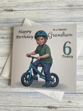 Load image into Gallery viewer, Grandson Card, Grandson Birthday card, Birthday card, Customise with ANY AGE, Little boy on a Balance Bike, Age 3, Age 4, Age 5, Age 6, gift
