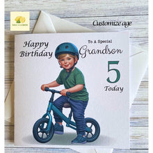 Load image into Gallery viewer, Grandson Card, Grandson Birthday card, Birthday card, Customise with ANY AGE, Little boy on a Balance Bike, Age 3, Age 4, Age 5, Age 6, gift
