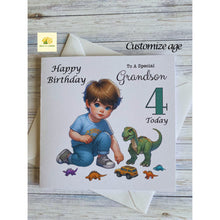 Load image into Gallery viewer, Grandson Card, Grandson Birthday card, Birthday card, Customise with ANY AGE, Little boy playing with Dinosaurs, Age 3, Age 4, Age 5, gift
