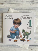 Load image into Gallery viewer, Grandson Card, Grandson Birthday card, Birthday card, Customise with ANY AGE, Little boy playing with Dinosaurs, Age 3, Age 4, Age 5, gift
