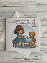 Load image into Gallery viewer, Granddaughter Card, Granddaughter Birthday card, Birthday card, Customise with ANY AGE, Little girl having a tea party with her teddy bears,
