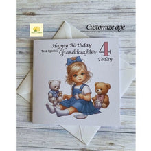 Load image into Gallery viewer, Birthday card for Granddaughter, Daughter, Niece, Great Granddaughter, Customise AGE, Teddy Bear Tea Party, gift, age 2, age 3, age 4, age 5
