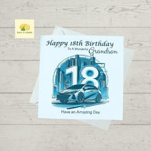 Load image into Gallery viewer, 18th Birthday card for Grandson, Grandson 18th Birthday, Car themed Birthday card, birthday gift, 18th gift,
