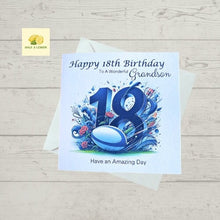 Load image into Gallery viewer, 18th Birthday card for Grandson, Grandson 18th Birthday, Rugby themed Birthday card, birthday gift, 18th gift,
