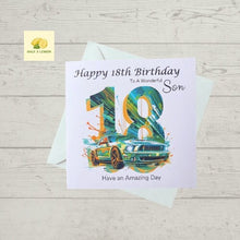 Load image into Gallery viewer, 18th Birthday card for Son, Son 18th Birthday, Car themed Birthday card, birthday gift, 18th gift,
