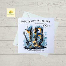 Load image into Gallery viewer, 18th Birthday card for Son, Son 18th Birthday, Heavy Metal Music / Rock Music themed Birthday card, birthday gift, 18th gift,
