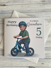 Load image into Gallery viewer, Grandson Card, Grandson Birthday card, Birthday card, Customise with ANY AGE, Little boy on a Balance Bike, Age 3, Age 4, Age 5, Age 6, gift
