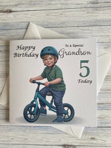 Grandson Card, Grandson Birthday card, Birthday card, Customise with ANY AGE, Little boy on a Balance Bike, Age 3, Age 4, Age 5, Age 6, gift