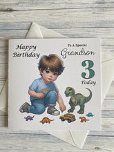 Load image into Gallery viewer, Grandson Card, Grandson Birthday card, Birthday card, Customise with ANY AGE, Little boy playing with Dinosaurs, Age 3, Age 4, Age 5, gift
