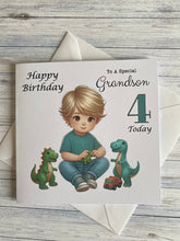 Load image into Gallery viewer, Grandson Card, Grandson Birthday card, Birthday card, Customise with ANY AGE, Little boy playing with Dinosaurs, Age 3, Age 4, Age 5, gift
