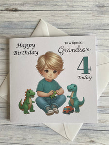 Grandson Card, Grandson Birthday card, Birthday card, Customise with ANY AGE, Little boy playing with Dinosaurs, Age 3, Age 4, Age 5, gift