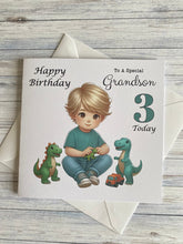 Load image into Gallery viewer, Grandson Card, Grandson Birthday card, Birthday card, Customise with ANY AGE, Little boy playing with Dinosaurs, Age 3, Age 4, Age 5, gift
