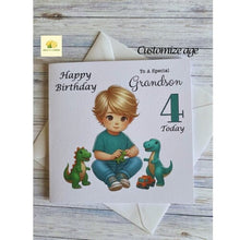 Load image into Gallery viewer, Grandson Card, Grandson Birthday card, Birthday card, Customise with ANY AGE, Little boy playing with Dinosaurs, Age 3, Age 4, Age 5, gift
