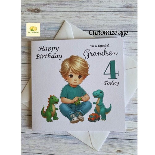 Grandson Card, Grandson Birthday card, Birthday card, Customise with ANY AGE, Little boy playing with Dinosaurs, Age 3, Age 4, Age 5, gift