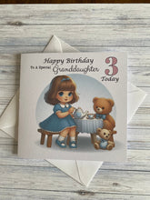 Load image into Gallery viewer, Granddaughter Card, Granddaughter Birthday card, Birthday card, Customise with ANY AGE, Little girl having a tea party with her teddy bears,
