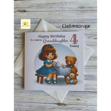 Load image into Gallery viewer, Granddaughter Card, Granddaughter Birthday card, Birthday card, Customise with ANY AGE, Little girl having a tea party with her teddy bears,
