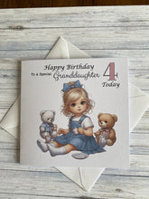 Load image into Gallery viewer, Birthday card for Granddaughter, Daughter, Niece, Great Granddaughter, Customise AGE, Teddy Bear Tea Party, gift, age 2, age 3, age 4, age 5
