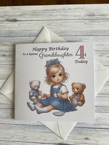 Birthday card for Granddaughter, Daughter, Niece, Great Granddaughter, Customise AGE, Teddy Bear Tea Party, gift, age 2, age 3, age 4, age 5