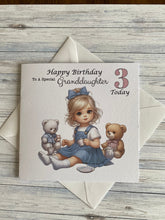 Load image into Gallery viewer, Birthday card for Granddaughter, Daughter, Niece, Great Granddaughter, Customise AGE, Teddy Bear Tea Party, gift, age 2, age 3, age 4, age 5
