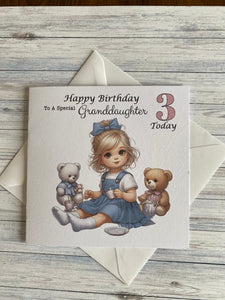 Birthday card for Granddaughter, Daughter, Niece, Great Granddaughter, Customise AGE, Teddy Bear Tea Party, gift, age 2, age 3, age 4, age 5