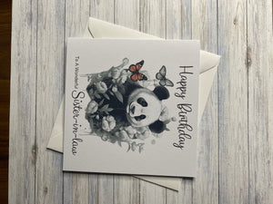 Birthday card for Sister-in-law, her, Daughter, Niece, Sister, Granddaughter, Mum, Mom, Nan, Gran,  illustrated Panda and butterfly, gift