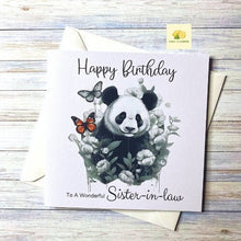 Load image into Gallery viewer, Birthday card for Sister-in-law, her, Daughter, Niece, Sister, Granddaughter, Mum, Mom, Nan, Gran,  illustrated Panda and butterfly, gift
