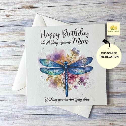 Birthday card for Mum, Mom, Mam, Nan, Nannie, Gran, Wife, Daughter, Daughter-in-law, Sister, Niece, cards for her, Dragonfly card, gift