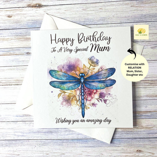 Birthday card for Mum, Mom, Mam, Nan, Nannie, Gran, Wife, Daughter, Daughter-in-law, Sister, Niece, cards for her, Dragonfly card, gift