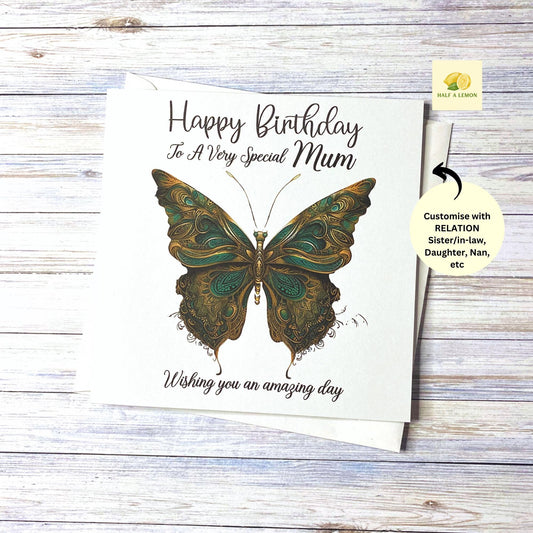 Birthday card for Mum, Mom, Mam, Nan, Nannie, Gran, Wife, Daughter, Daughter-in-law, Sister, Niece, cards for her, emerald butterfly, gift