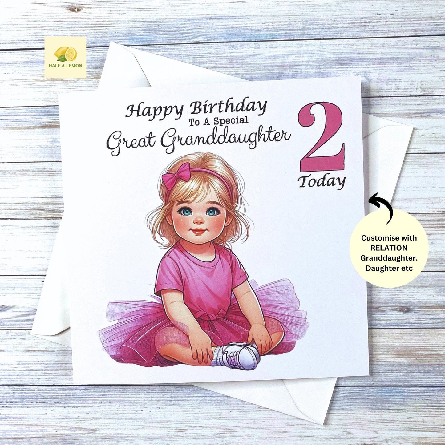 2nd Birthday card, for ANY Relation, Great Granddaughter, Granddaughter, Great Niece, Niece, Daughter, gift for her, little girl, 2 Today,
