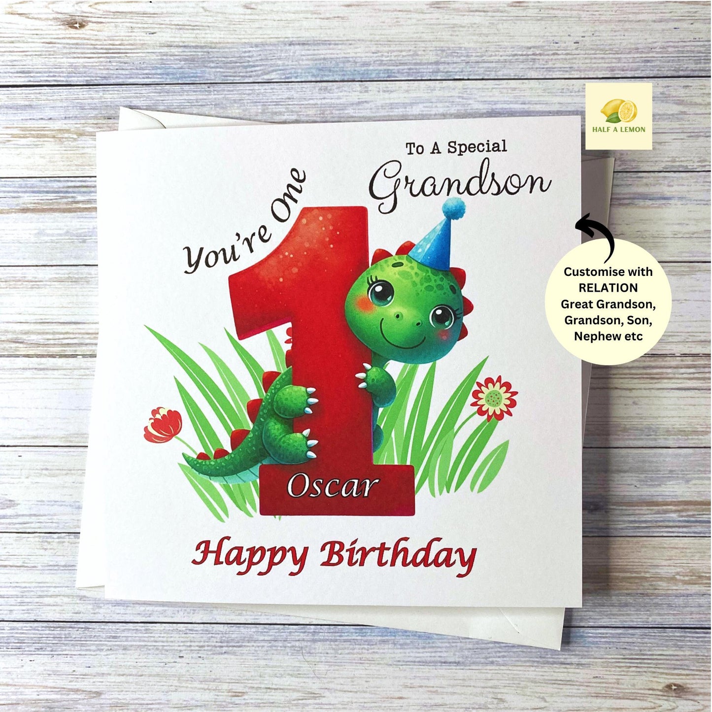First Birthday card, Personalised, for ANY Relative, Great Grandson, Grandson, Son, Nephew, Brother, boy, him, Cute Dinosaur, gift, 1st