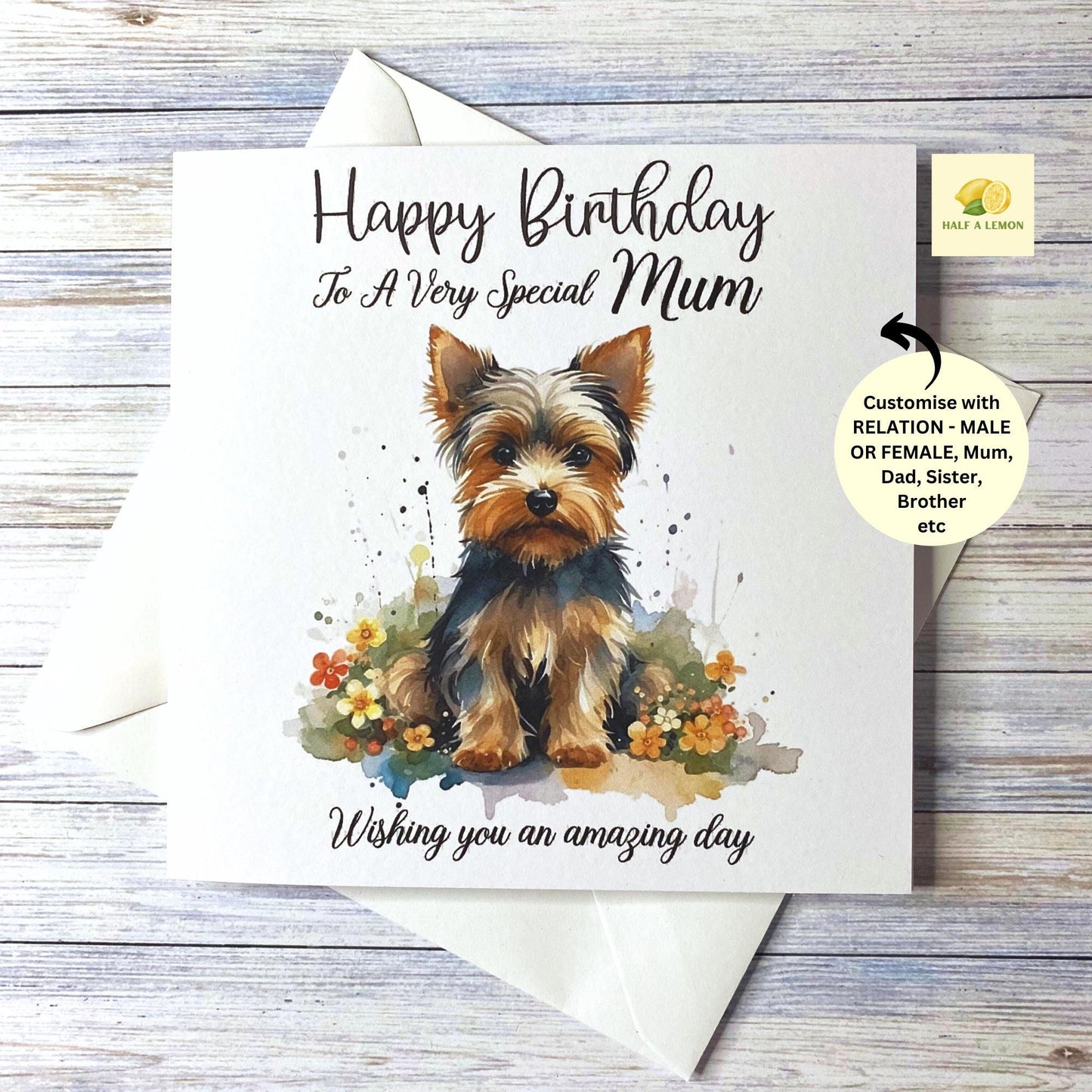 Birthday card with a cute Yorkshire Terrier dog, dog birthday card, for Sister, Brother, Niece, Friend, Son, Mum, Dad, Nan, Grandad, gift,