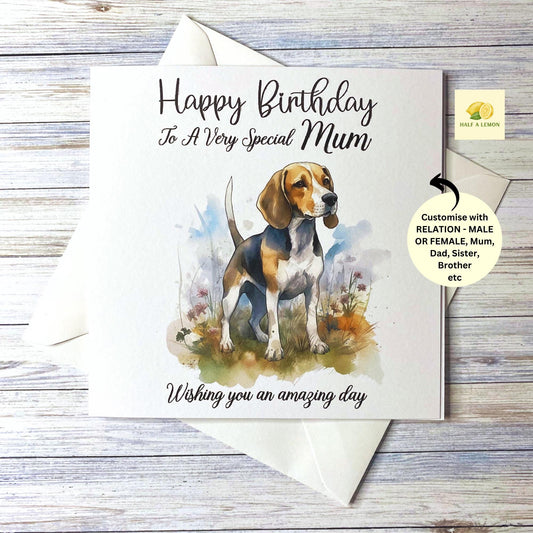 Birthday card with a cute Beagle, dog birthday card for Sister, Brother, Niece, Friend, Son, Mum, Dad, Nan, Grandad, gift,