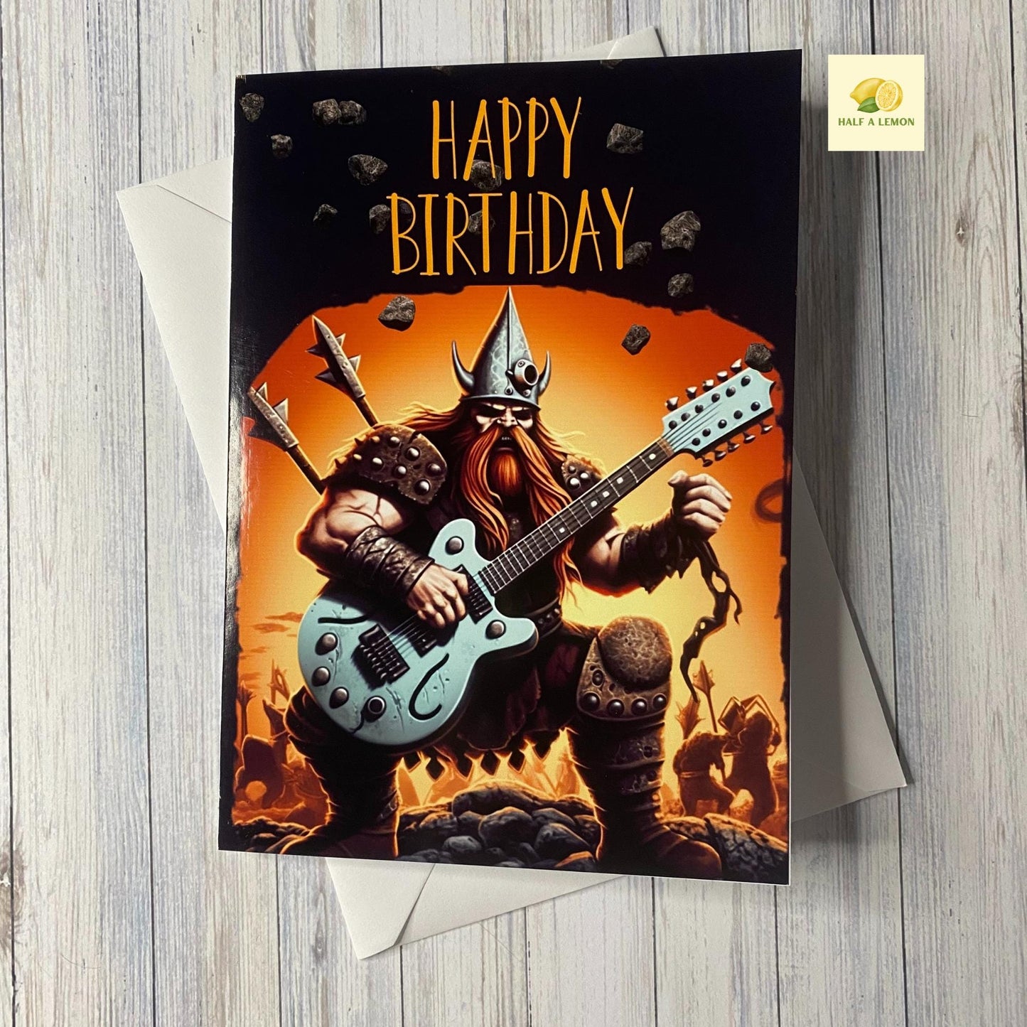 Birthday card, Rock music, heavy metal music, Viking playing a guitar, birthday card with guitar, card for him, brother, friend, dad, son,
