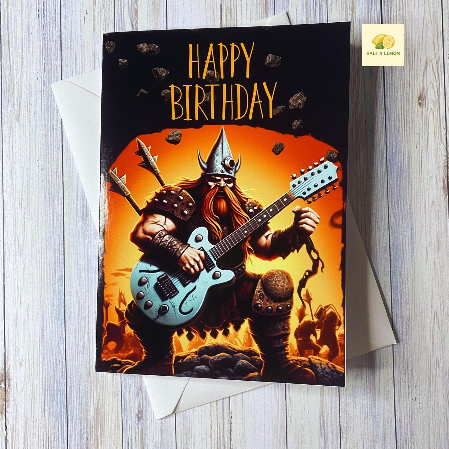 Birthday card, Rock music, heavy metal music, Viking playing a guitar, birthday card with guitar, card for him, brother, friend, dad, son,