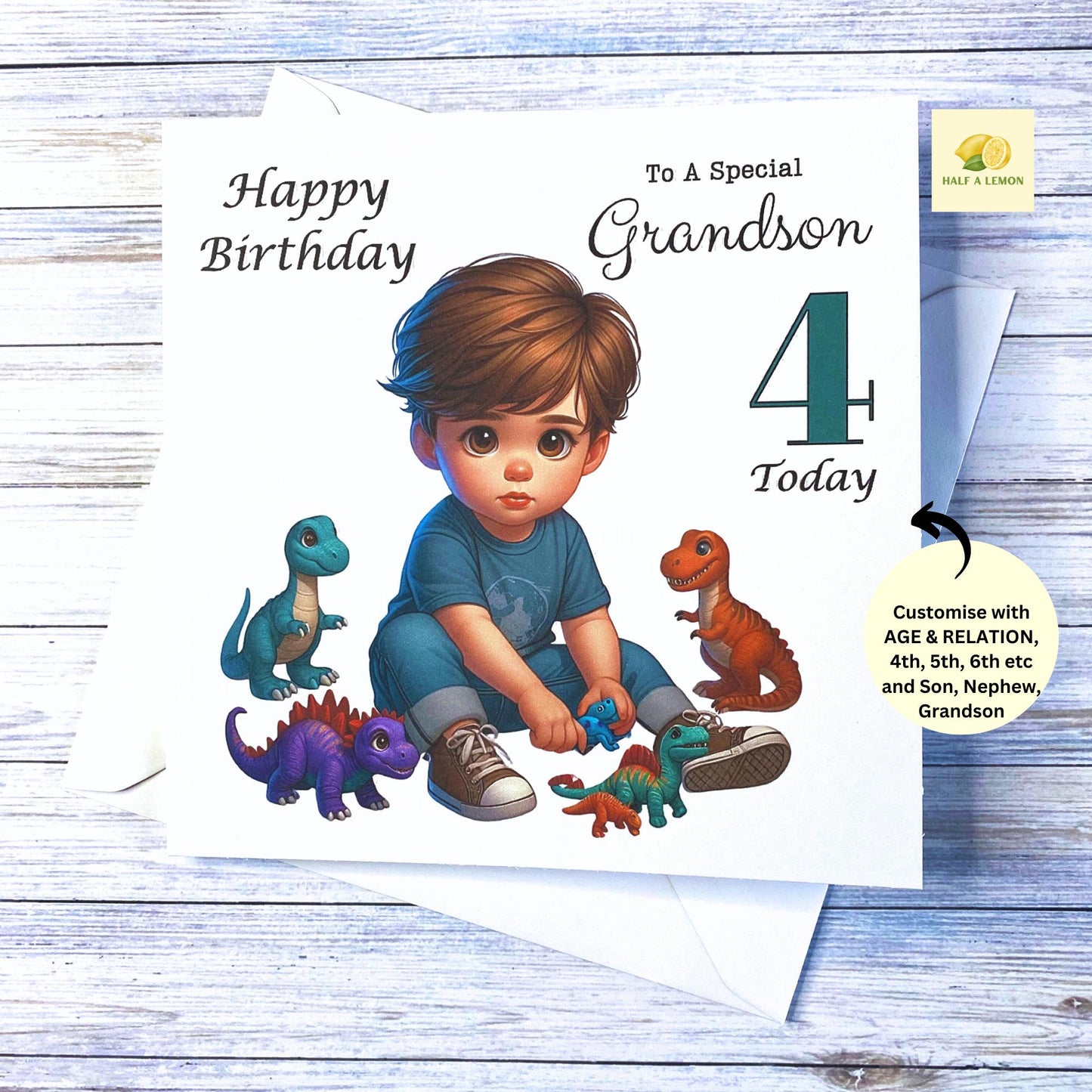 Birthday card, for Grandson, Great Grandson, Son, Nephew, Customise with AGE, Little boy playing with Dinosaurs, Age 3, Age 4, Age 5, gift