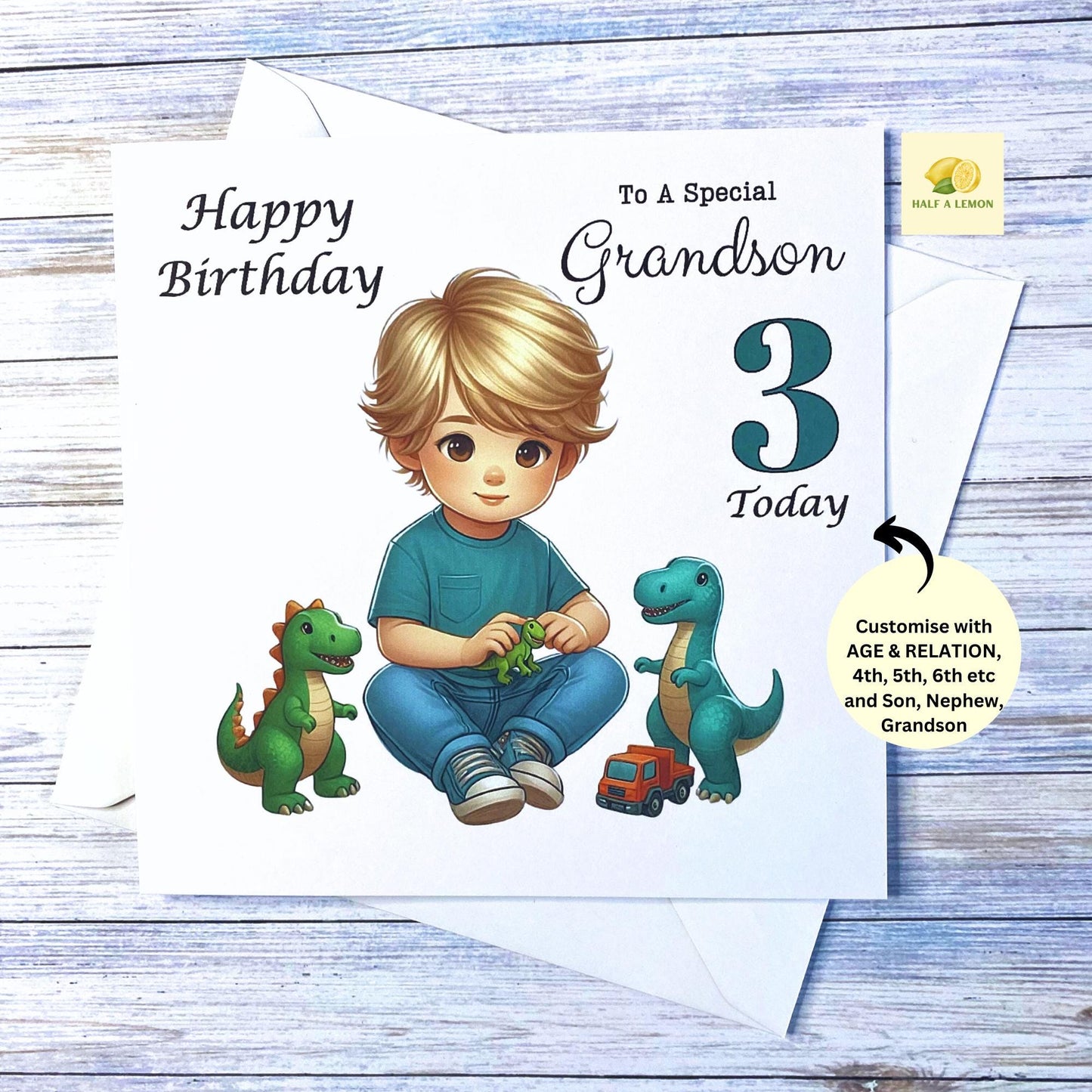 Birthday Card for Grandson, Son, Nephew, Great Grandson, Customise AGE, Little boy playing with Dinosaurs, Age 2, Age 3, Age 4, Age 5, gift