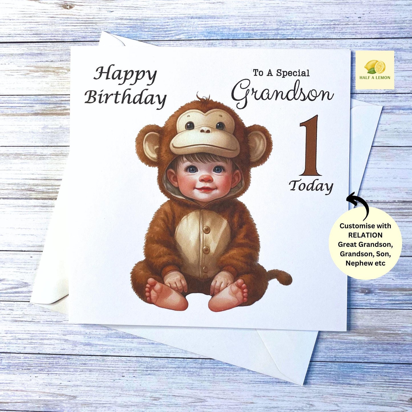 First Birthday card, for Nephew, Great Grandson, Grandson, Son, Great Nephew, Brother, Little boy, him, gift, Little Monkey, 1st Birthday