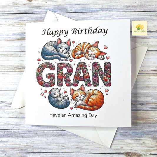 Birthday card for Gran, Gran Birthday card, Birthday card, with cute cats curled up around the word Gran, gift, Cat card,