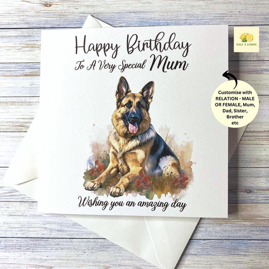 Birthday card with a cute German Shepherd dog, dog birthday card, for Sister, Brother, Niece, Friend, Son, Mum, Dad, Nan, Grandad, gift,