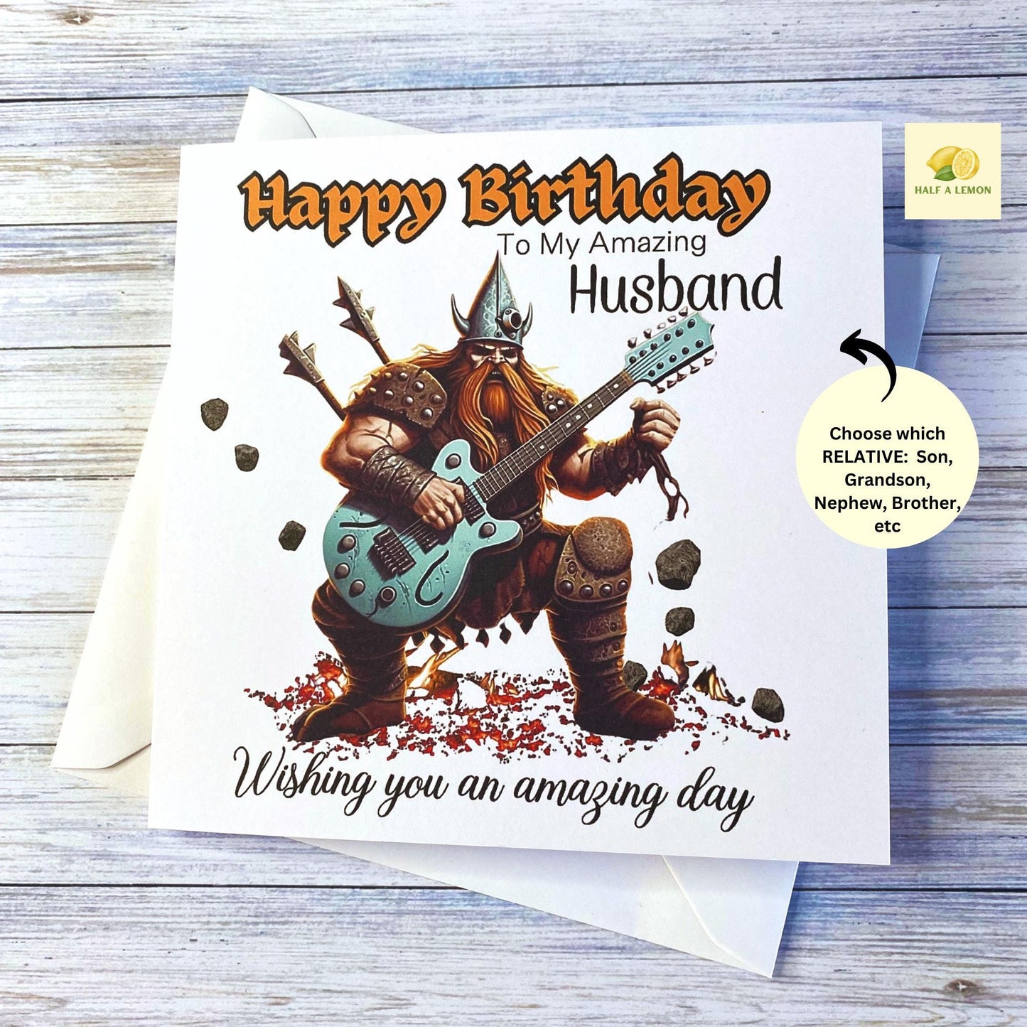 Birthday card for Husband, Boyfriend, Dad, Son, Nephew, Brother, Grandson, Viking playing guitar, customise any relation, gift for him, rock