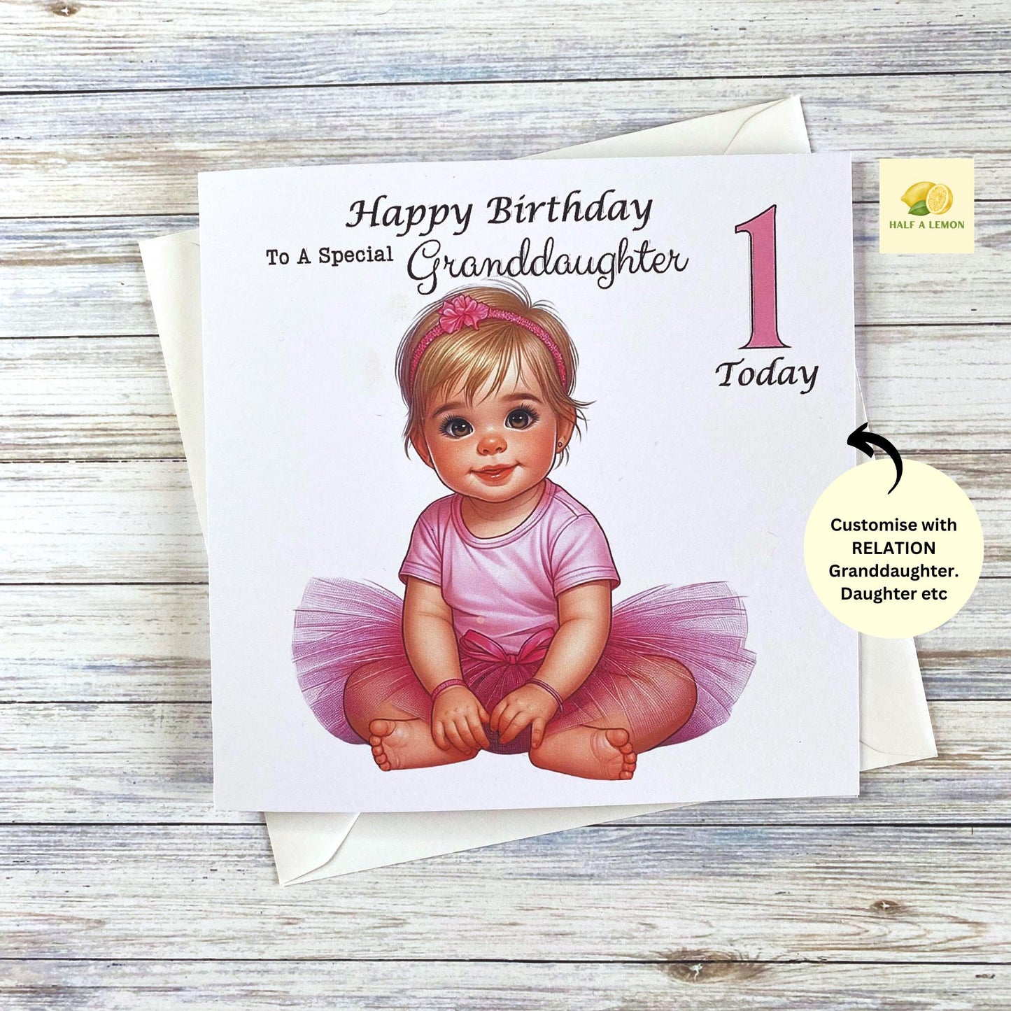 First Birthday card, for ANY Relative, Great Granddaughter, Granddaughter, Daughter, Niece, Sister, cute pink tutu, for her, girl, 1st, gift