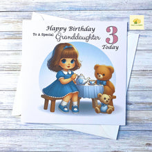 Load image into Gallery viewer, Birthday card for Granddaughter, Daughter, Niece, Great Granddaughter, Customise with AGE, Teddy Bear Tea party, age 2, age 3, age 4, gift
