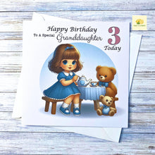 Load image into Gallery viewer, Birthday card for Granddaughter, Daughter, Niece, Great Granddaughter, Customise with AGE, Teddy Bear Tea party, age 2, age 3, age 4, gift
