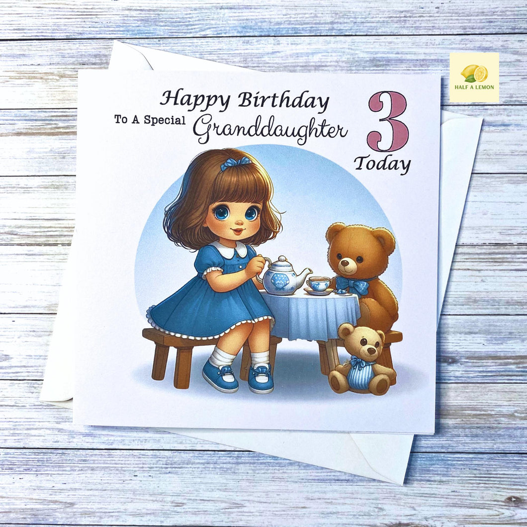 Birthday card for Granddaughter, Daughter, Niece, Great Granddaughter, Customise with AGE, Teddy Bear Tea party, age 2, age 3, age 4, gift