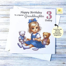 Load image into Gallery viewer, Birthday card for Granddaughter, Daughter, Niece, Great Granddaughter, Customise AGE, Teddy Bear Tea Party, gift, age 2, age 3, age 4, age 5
