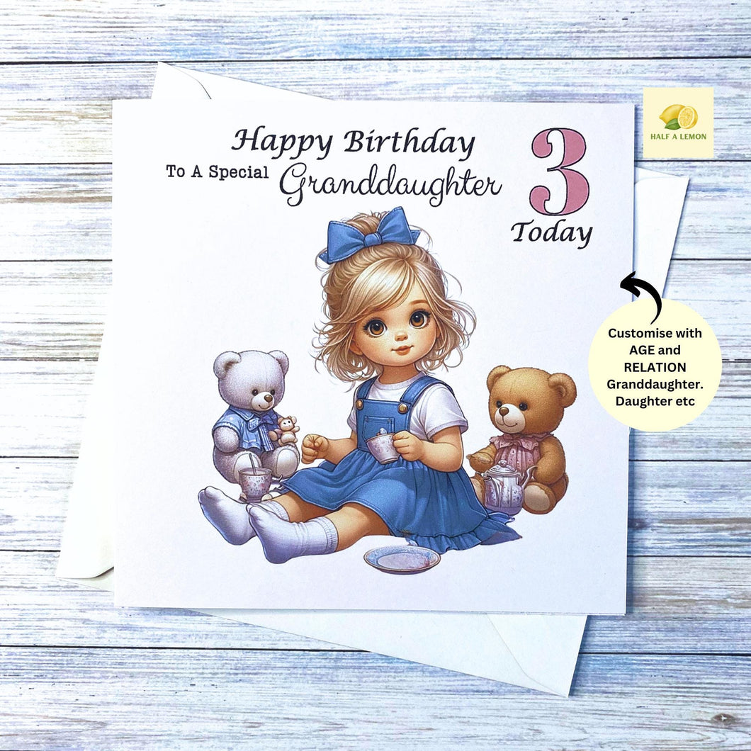 Birthday card for Granddaughter, Daughter, Niece, Great Granddaughter, Customise AGE, Teddy Bear Tea Party, gift, age 2, age 3, age 4, age 5